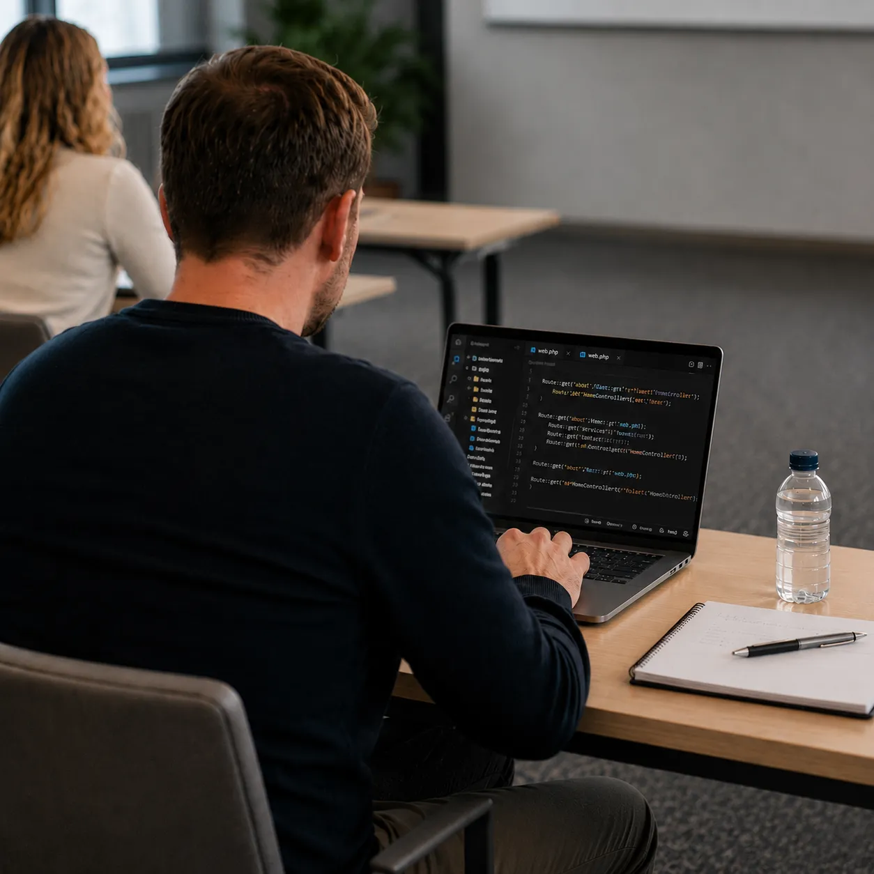Cursist werkt aan code op zijn laptop tijdens een klassikale training van Global Training
