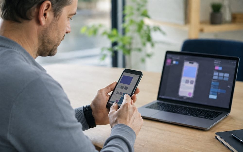 Cursist test een mobiele app op een smartphone tijdens een praktijkgerichte Android-training van Global Training