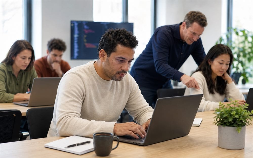 Cursist schrijft C#-code tijdens een praktijkgerichte programmeertraining van Global Training