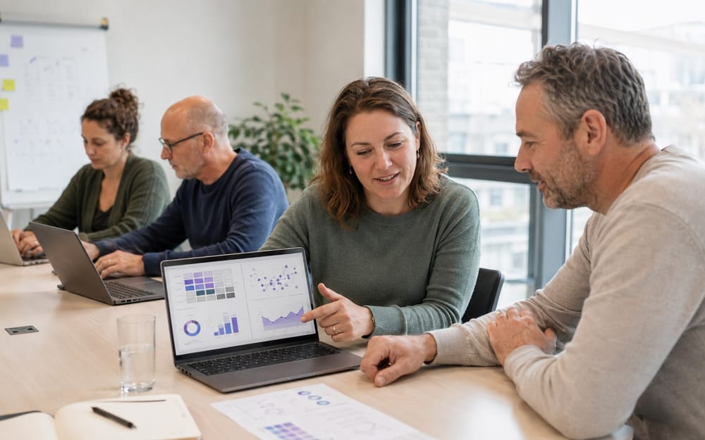 Cursisten van de Data Analist opleiding bespreken samen dashboards en datavisualisaties op een laptop