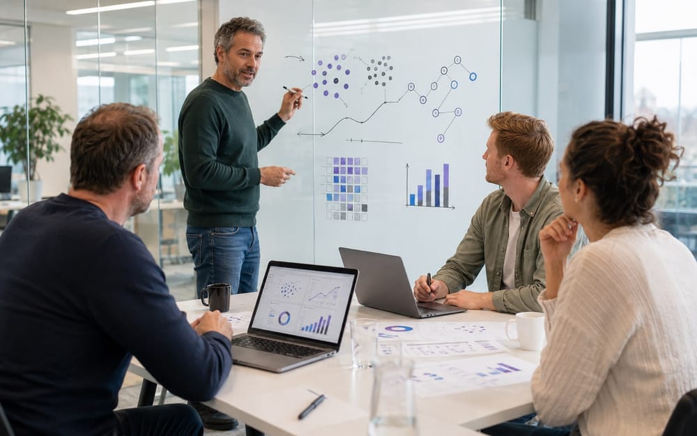 Trainer bespreekt datamodellen met een groep cursisten tijdens een praktijkgerichte Data Science-training van Global Training
