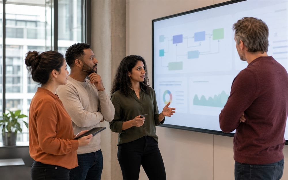 Twee professionals bespreken een deployment-pipeline tijdens een praktijkgerichte DevOps-training van Global Training
