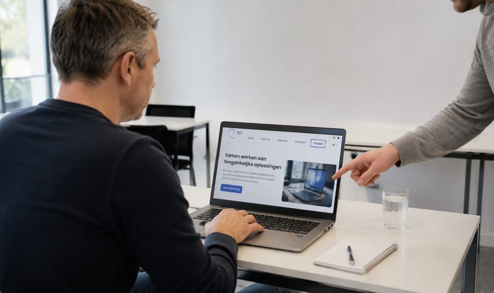 Cursist en trainer bekijken een website over toegankelijke oplossingen op een laptop tijdens de cursus Digitale Toegankelijkheid