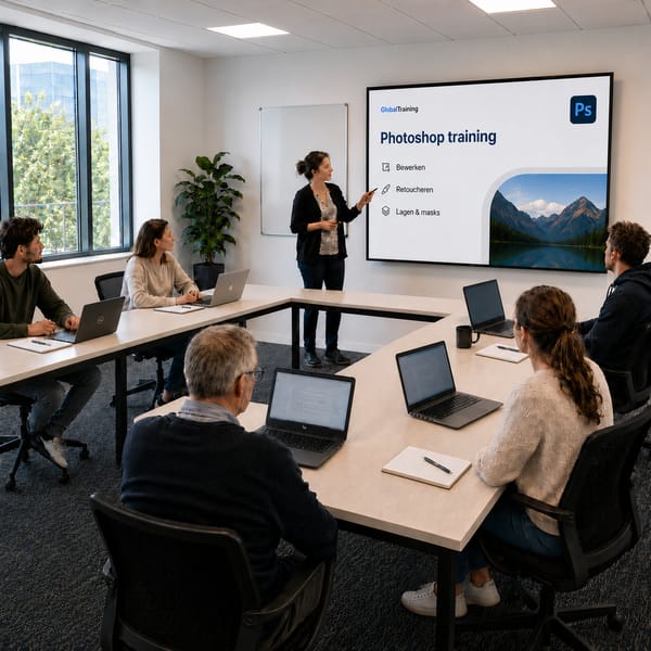 Trainer geeft klassikaal uitleg aan een kleine groep cursisten van Global Training