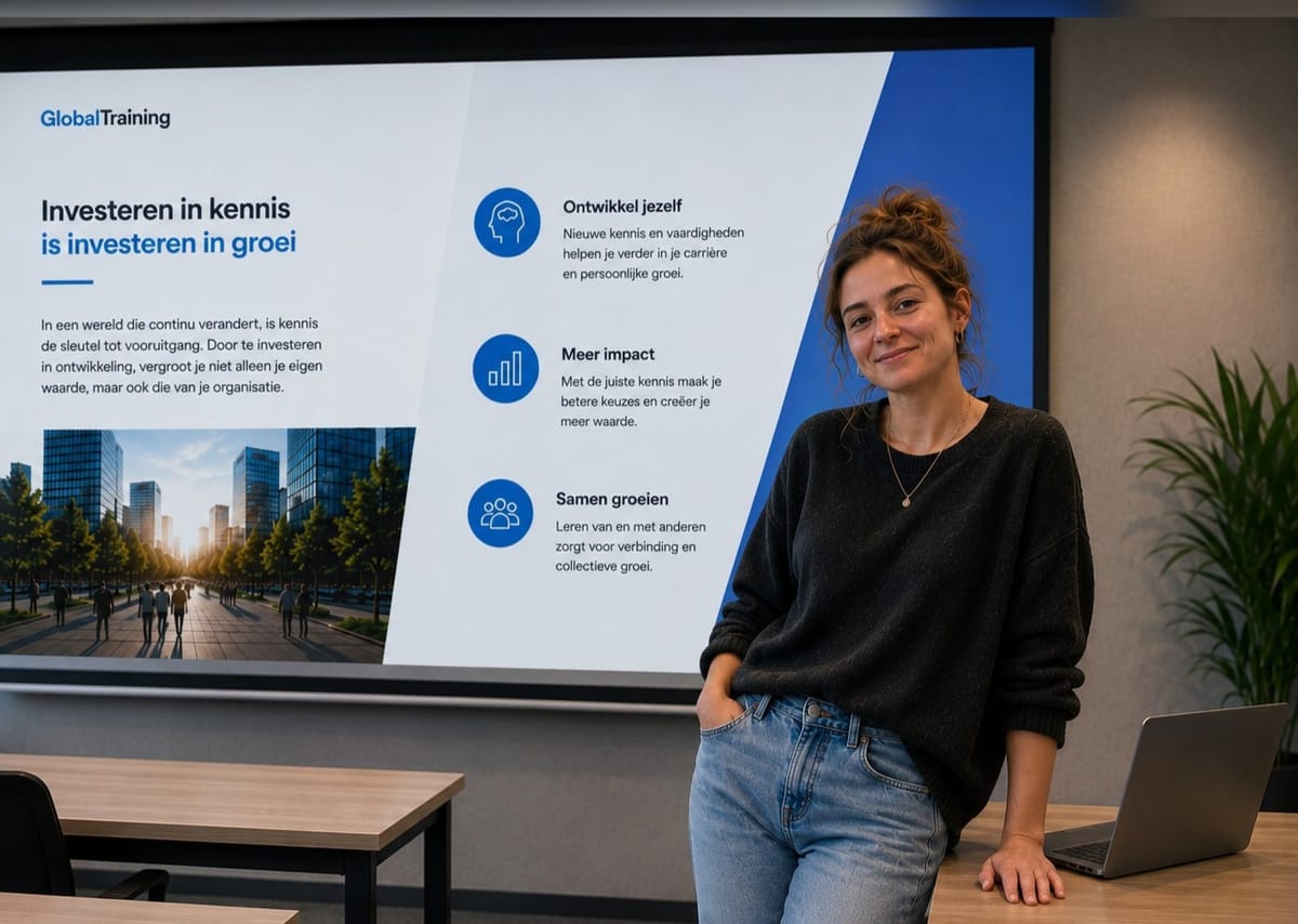 Trainer bij een scherm met de Global Training-presentatie 'Investeren in kennis is investeren in groei'