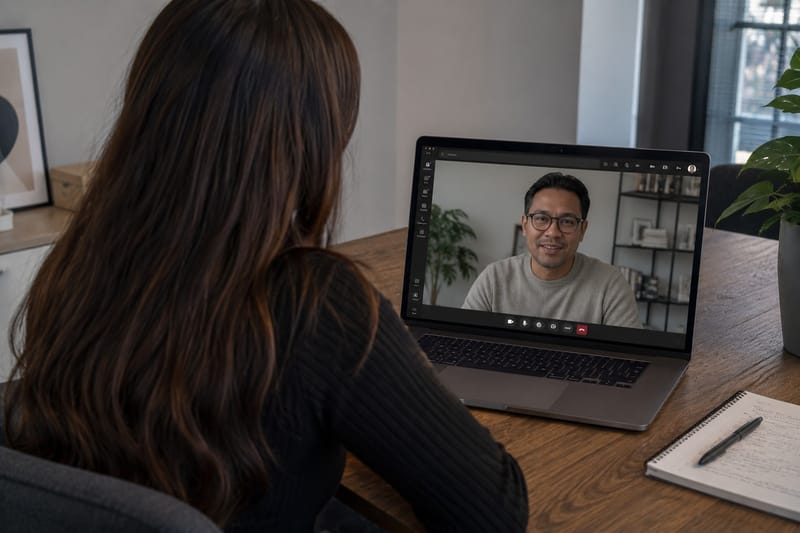 Cursist voert online een intakegesprek met de trainer via een videoverbinding