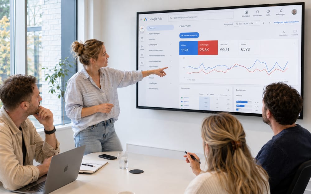 Trainer bespreekt een Google Ads-dashboard op een groot scherm met cursisten tijdens de Google Ads-cursus