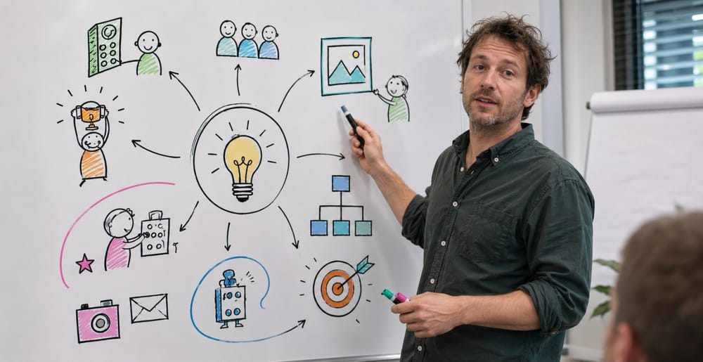 Trainer legt aan een whiteboard vol kleurrijke iconen de opbouw van infographics uit tijdens de Infographics-cursus