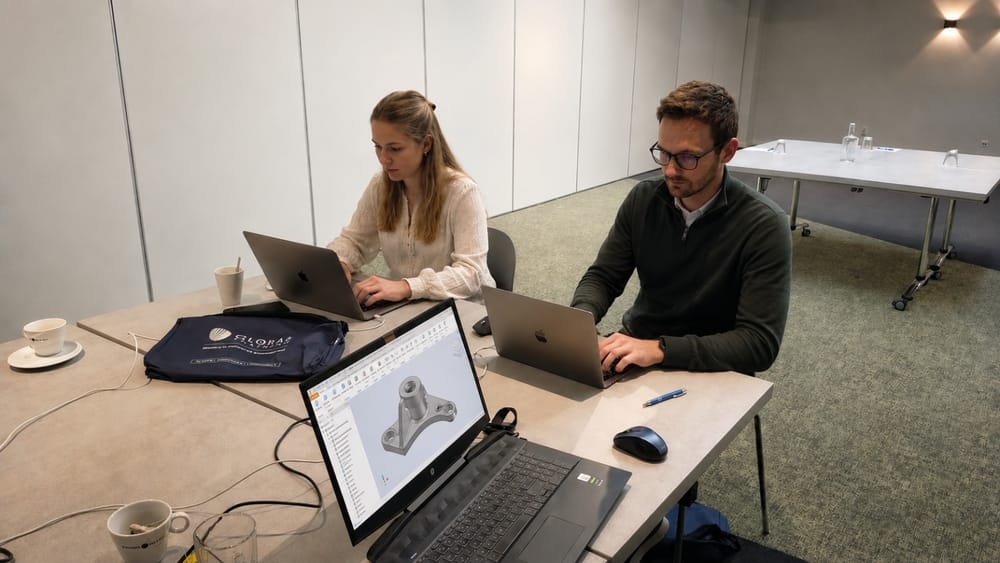 Cursisten werken aan een 3D-CAD-model op hun laptops tijdens de Inventor-training