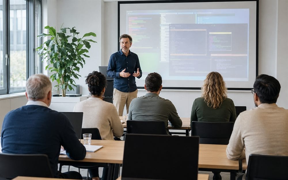 Trainer begeleidt een cursist bij het schrijven van Java-code tijdens een praktijkgerichte Java-training van Global Training