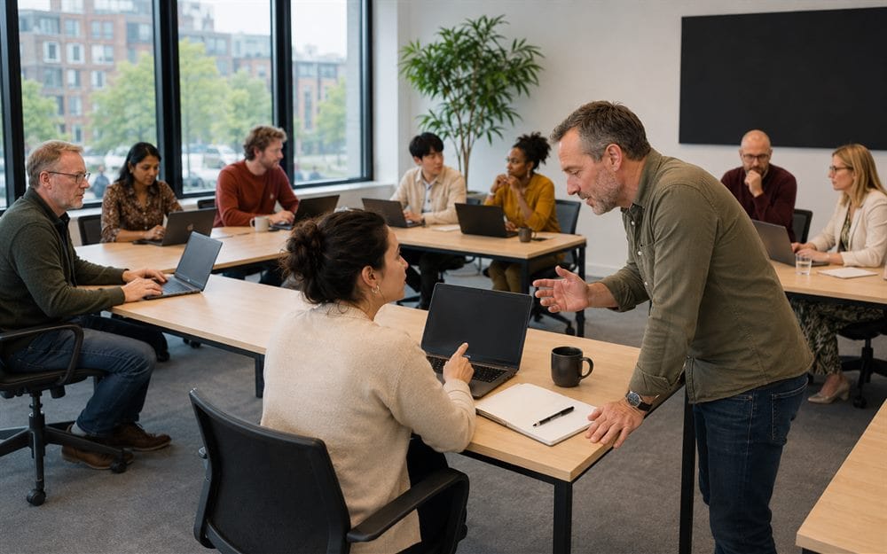 Groep cursisten bouwt samen een webapplicatie met Laravel tijdens een praktijkgerichte Laravel-training van Global Training