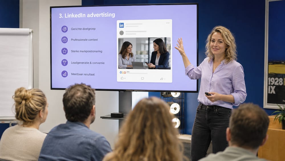 Trainer presenteert een slide over LinkedIn-advertising aan cursisten tijdens de LinkedIn-cursus