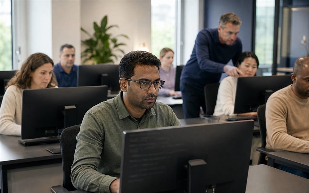 Cursist werkt in een Linux-terminal tijdens een praktijkgerichte Linux-training van Global Training