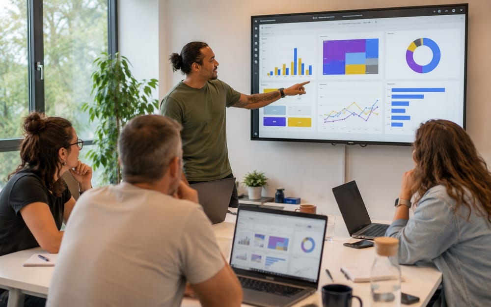 Trainer wijst dashboards en grafieken aan op een groot scherm tijdens de Power BI training