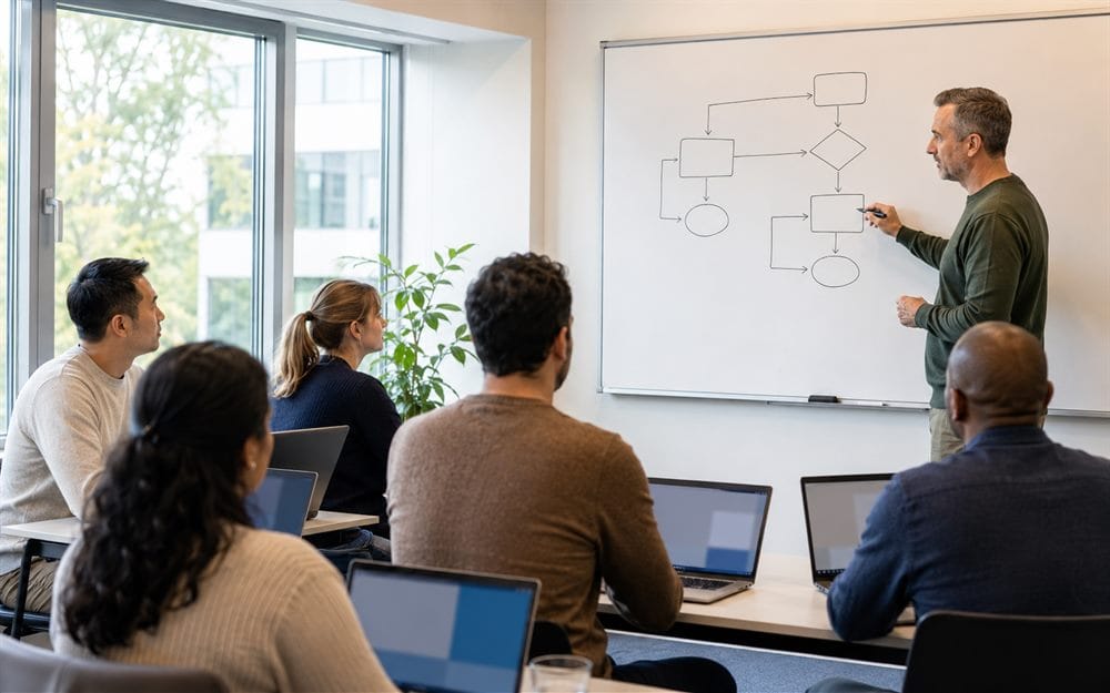 Trainer legt de basis van programmeren uit aan een groep cursisten tijdens een praktijkgerichte training van Global Training