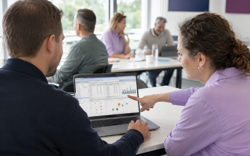 Twee cursisten bekijken een BI-dashboard met grafieken op een laptop tijdens de QlikView-training