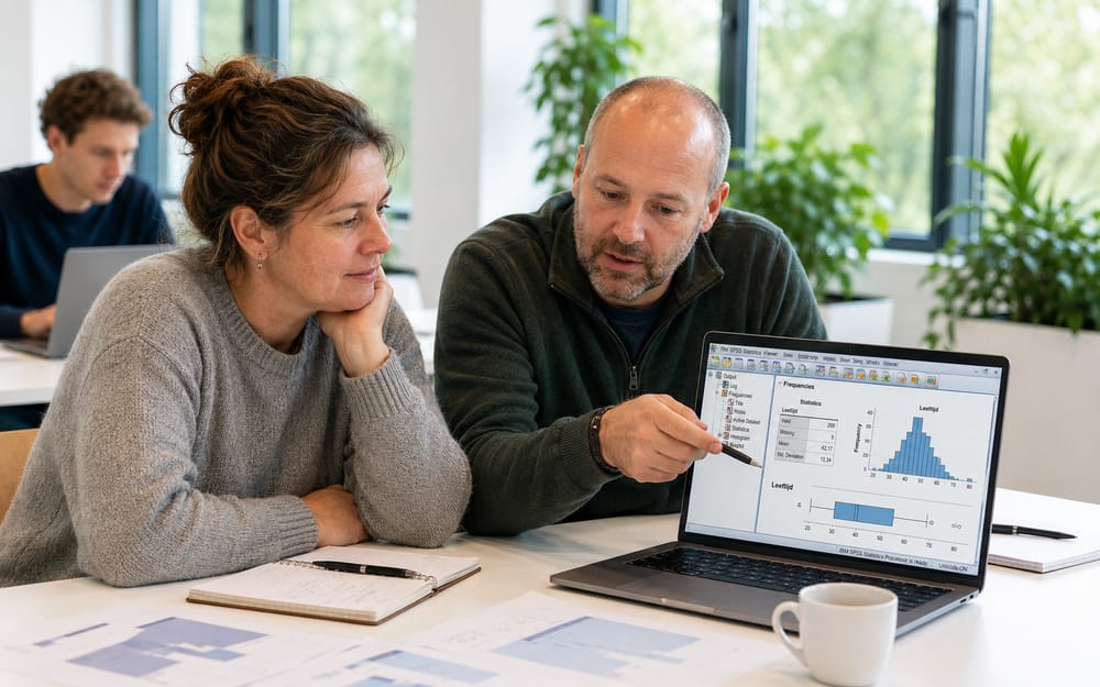 Trainer legt SPSS-output met frequenties en histogram uit aan een cursist