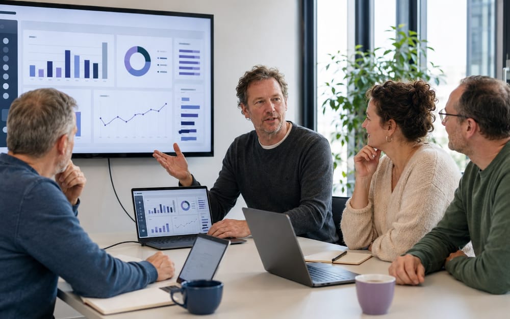 Trainer bespreekt statistische grafieken op een groot scherm met drie cursisten tijdens de Statistiek training