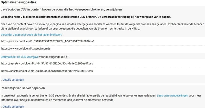 Voorbeelden suggesties en prestatieverbeteringen PageSpeed test Google