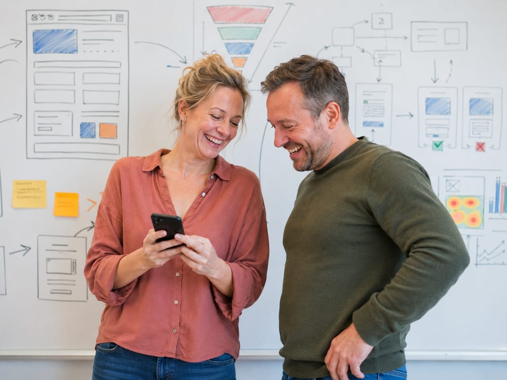 Twee cursisten bekijken een ontwerp op een telefoon voor een whiteboard vol website-wireframes tijdens de Webdesign-cursus
