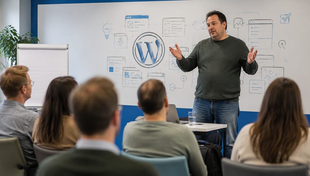 Trainer geeft uitleg voor een wand met het WordPress-logo en website-schetsen aan cursisten tijdens de WordPress-cursus